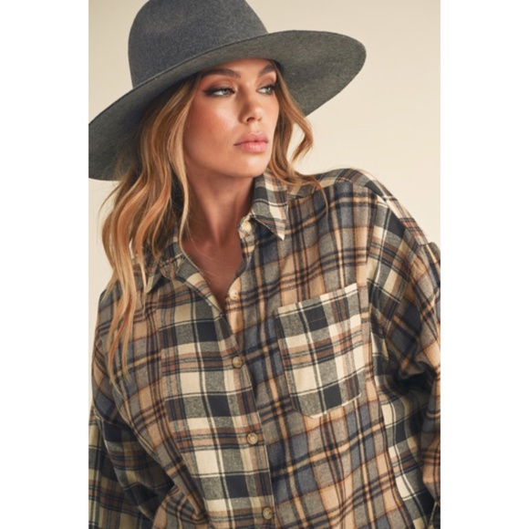 Noelle Oat Oversized Flannel Button Patchwork Long Sleeve Shirt - Picture 2 of 3